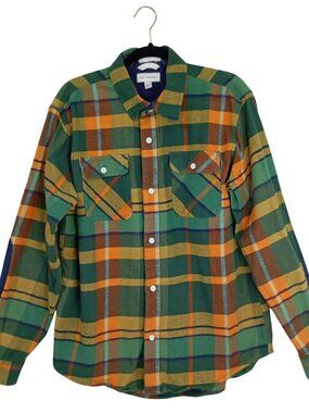 Free Assembly Mens Large Plaid Flannel Shirt Green & Orange Long Sleeve